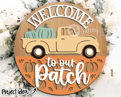 Welcome to our Patch Truck Sign, Digital Download, SVG Laser Cut File, Cricut, Round Fall Door Hanger Design, Farmhouse Decor
