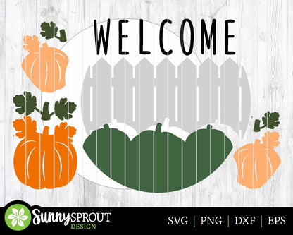 Welcome Fence Pumpkins Sign, Digital Download, SVG Laser Cut File, Cricut, Round Fall Door Hanger Design