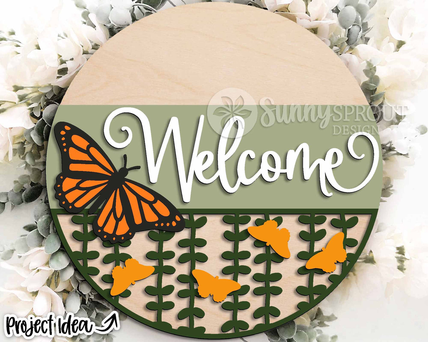 Welcome Monarch Butterfly Sign, Digital Download, SVG Laser Cut File, Cricut, Summer Fall Round Door Hanger Design