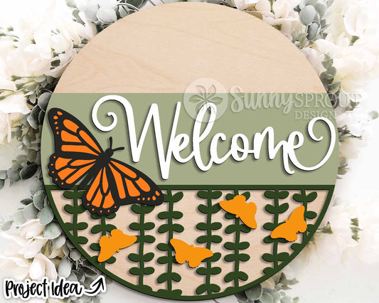 Welcome Monarch Butterfly Sign, Digital Download, SVG Laser Cut File, Cricut, Summer Fall Round Door Hanger Design