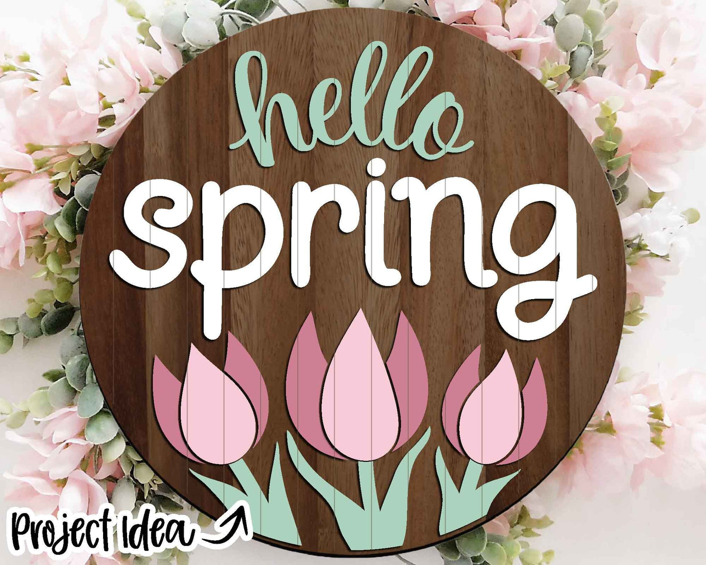 Hello Spring Tulip Sign, Digital download, SVG laser cut file, Cricut, Round door hanger design