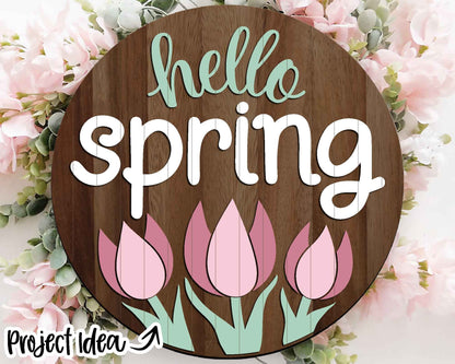 Hello Spring Tulip Sign, Digital download, SVG laser cut file, Cricut, Round door hanger design