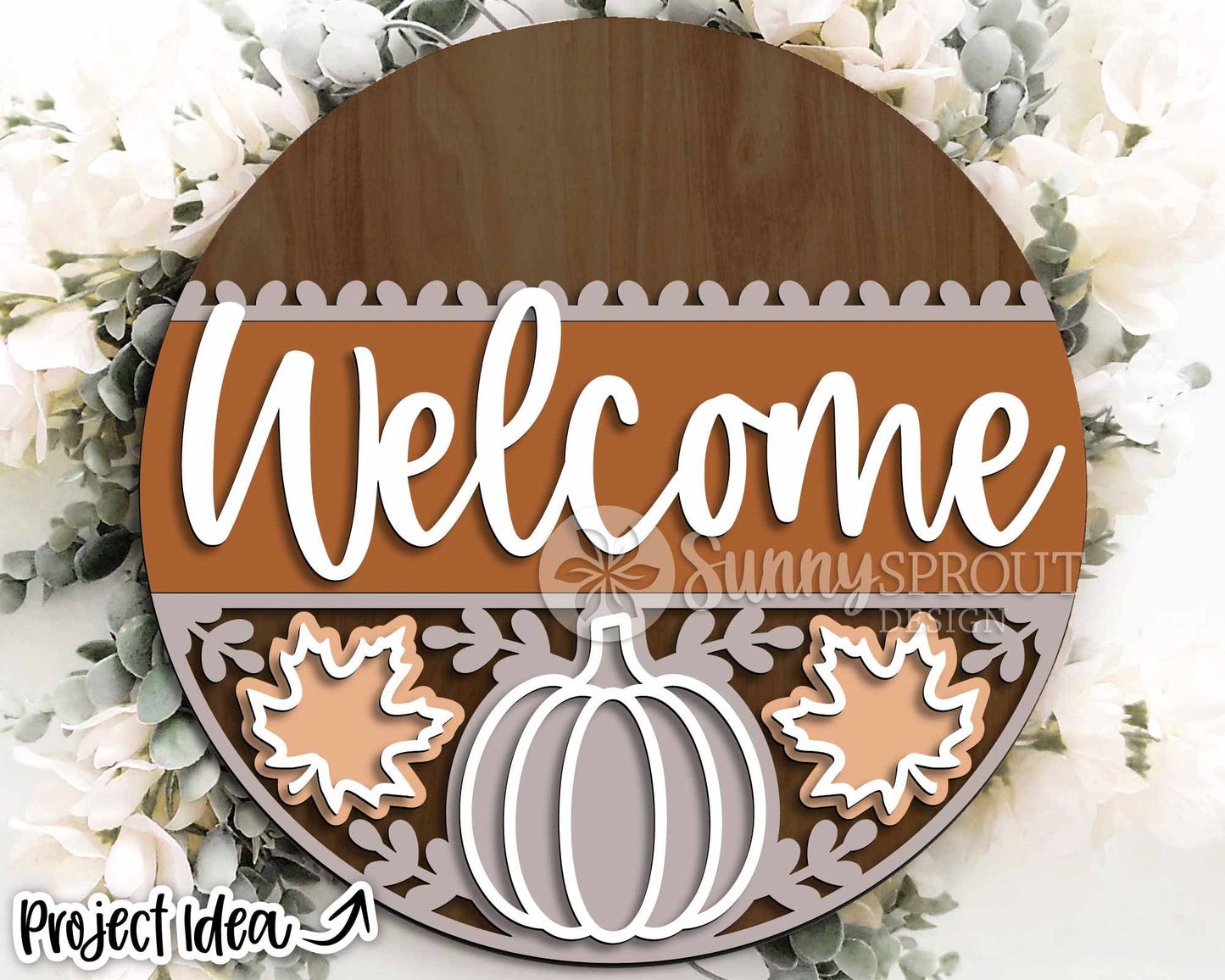 Welcome Pumpkin Leaf Pattern Sign, Digital Download, SVG Laser Cut File, Cricut, Round Fall Door Hanger Design