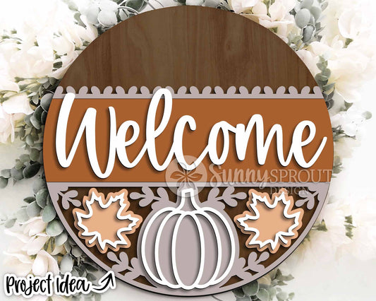 Welcome Pumpkin Leaf Pattern Sign, Digital Download, SVG Laser Cut File, Cricut, Round Fall Door Hanger Design