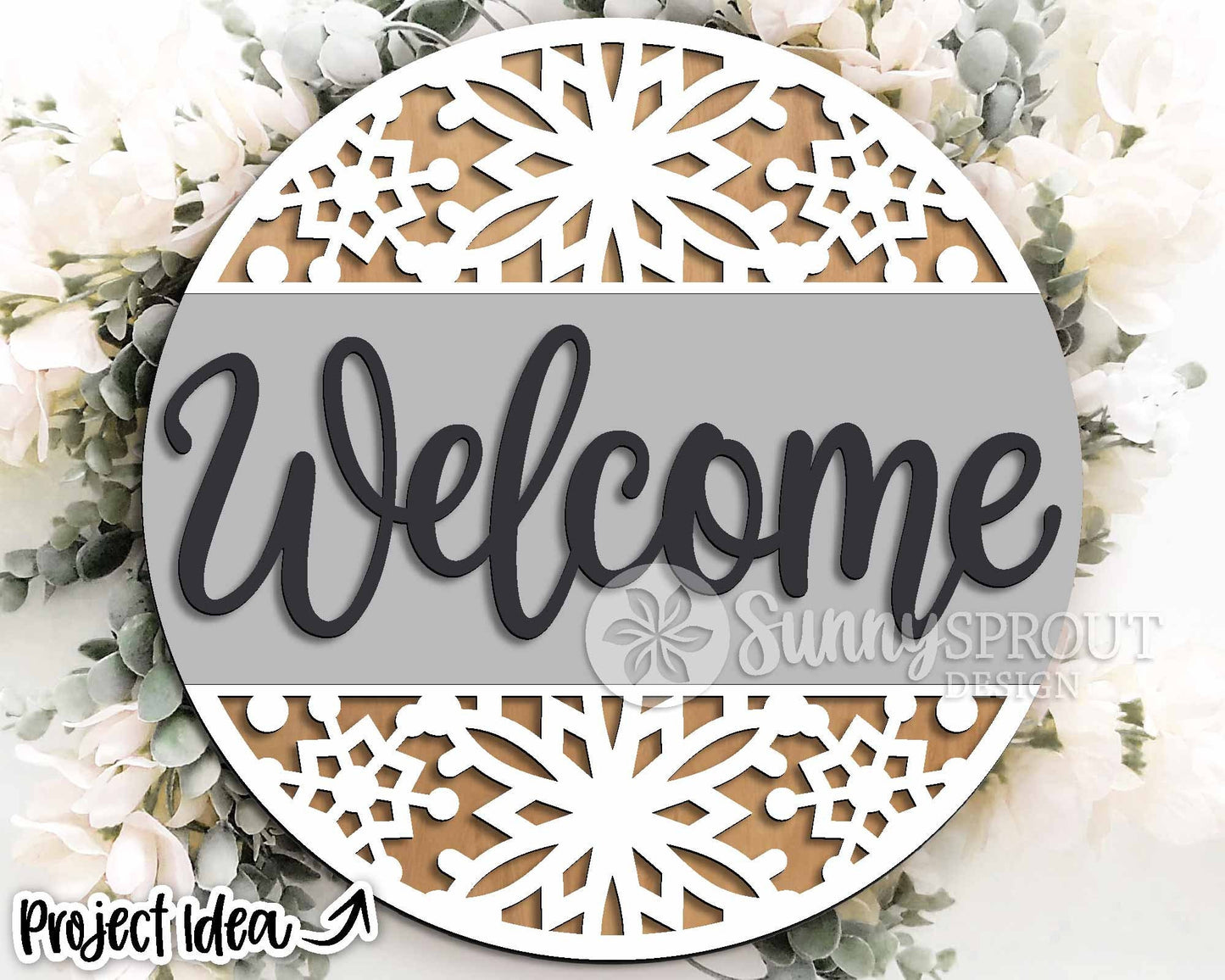 Welcome Snowflake Pattern Sign, Round door hanger svg, Glowforge laser file, Cricut, Winter door decor, Christmas sign svg