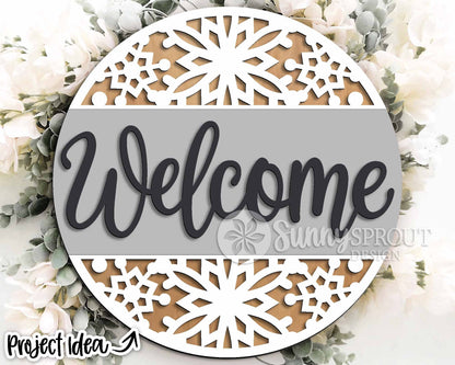 Welcome Snowflake Pattern Sign, Round door hanger svg, Glowforge laser file, Cricut, Winter door decor, Christmas sign svg