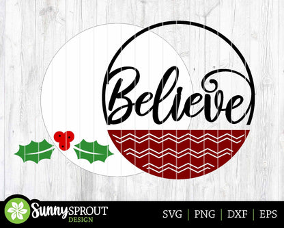 Believe Holly Sign, Digital Download, SVG Laser Cut File, Cricut, Round Door Hanger Design, Christmas Santa Decor