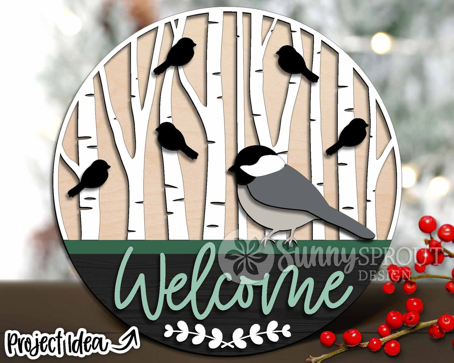 Birch Trees Chickadee Bird Welcome Sign, Digital Download, SVG Laser Cut File, Cricut, Round Door Hanger Design, Winter Christmas Decor