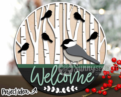 Birch Trees Chickadee Bird Welcome Sign, Digital Download, SVG Laser Cut File, Cricut, Round Door Hanger Design, Winter Christmas Decor