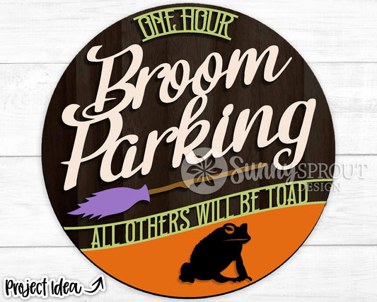 Broom Parking Witch Toad Sign, Digital Download, SVG Laser Cut File, Cricut, Round Halloween Door Hanger Design