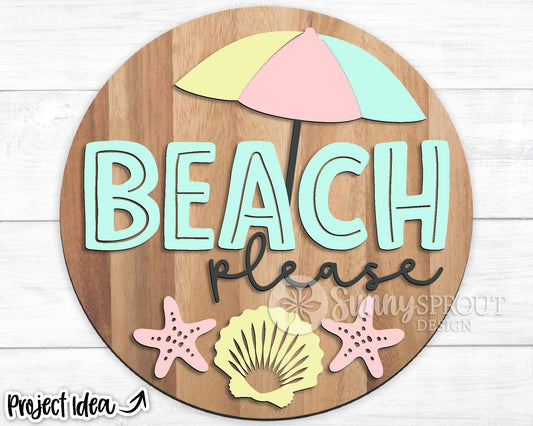 Beach Please Umbrella Seashell Sign, Digital download, SVG Laser cut file, Cricut, Round door hanger wall art design, Ocean coastal decor