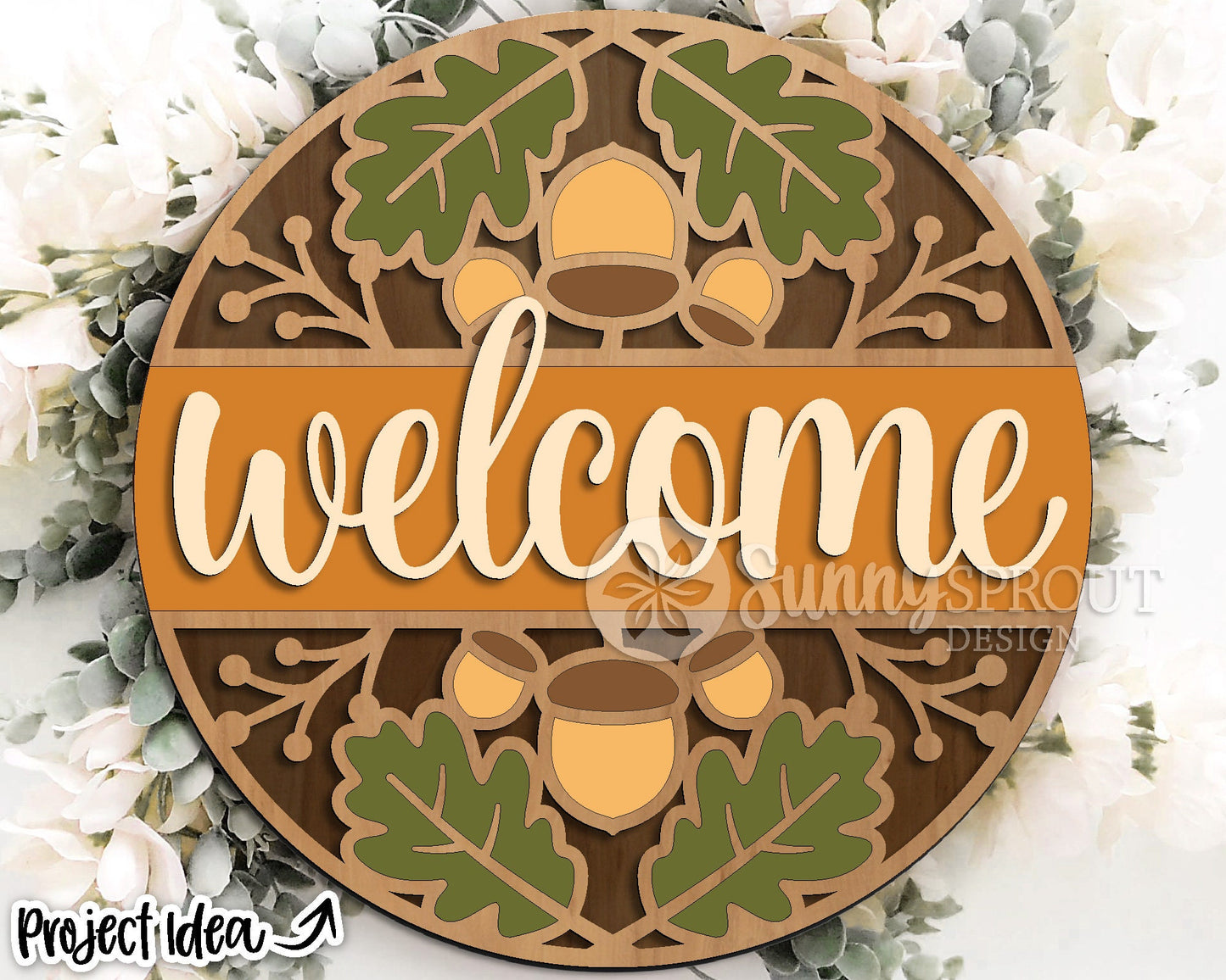 Welcome Fall Leaf Acorn Sign, Digital Download, SVG Laser Cut File, Cricut, Round Fall Door Hanger Design
