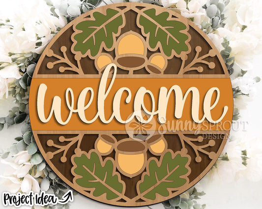 Welcome Fall Leaf Acorn Sign, Digital Download, SVG Laser Cut File, Cricut, Round Fall Door Hanger Design