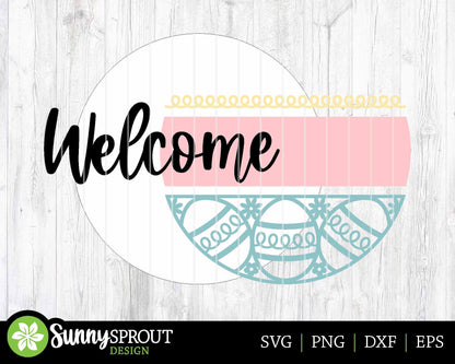 Welcome Easter Egg Pattern Sign, Digital download, SVG laser cut file, Cricut, Round door hanger design