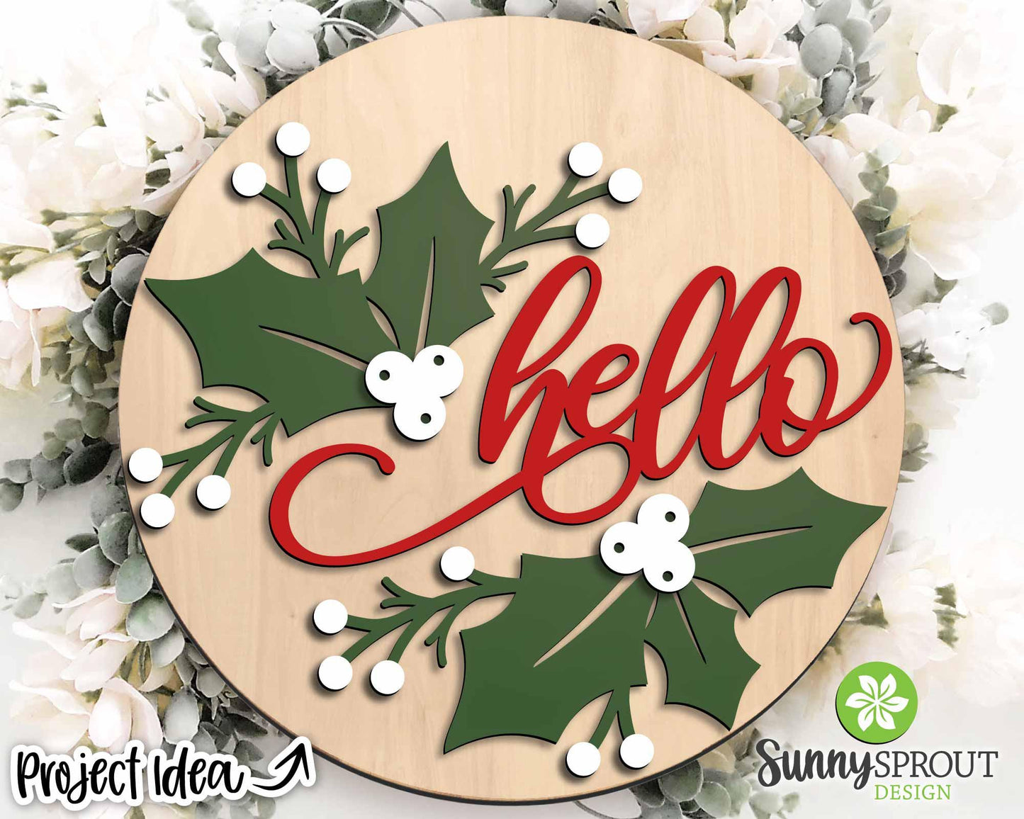 Hello Holly Leaves & Berries Sign, Digital Download, SVG Laser Cut File, Cricut, Round Door Hanger Design, Christmas Decor