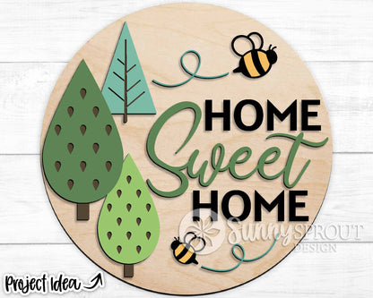 Home Sweet Home Trees Bees Sign, Digital Download, SVG Laser Cut File, Cricut, Summer Round Door Hanger Design