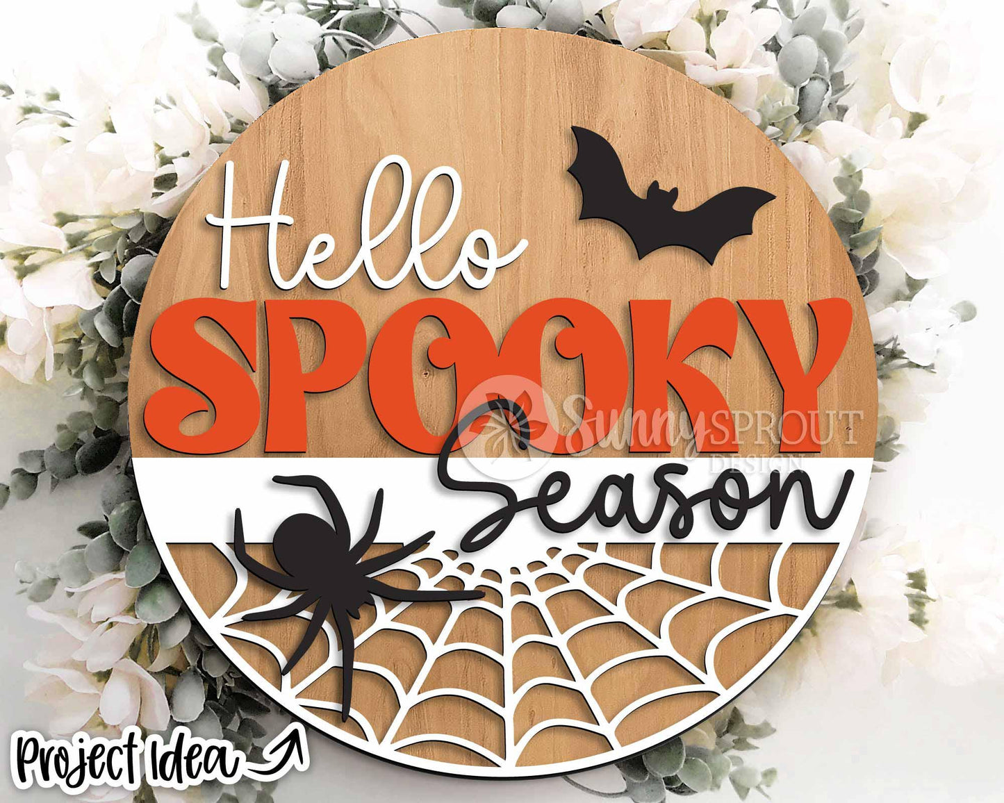 Hello Spooky Season Web Spider Bat Sign, Digital Download, SVG Laser Cut File, Cricut, Round Halloween Door Hanger Design