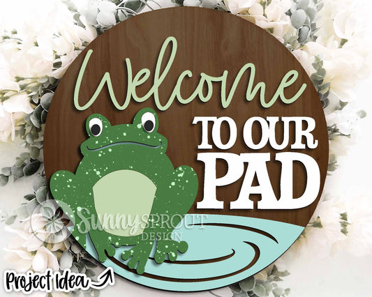 Welcome to Our Pad Frog Sign, Digital download, SVG Laser cut file, Cricut, Round door hanger design, Lake pond camping decor
