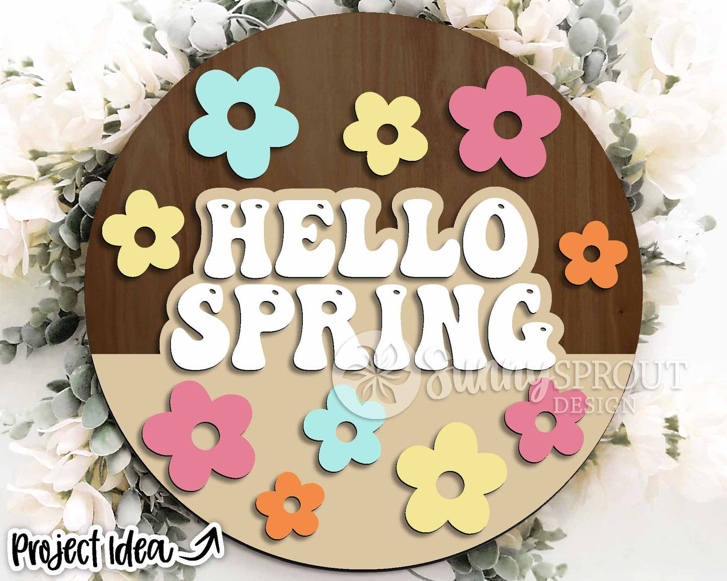 Hello Spring Retro Flower Sign, Digital download, SVG Laser cut file, Cricut, Round door hanger design