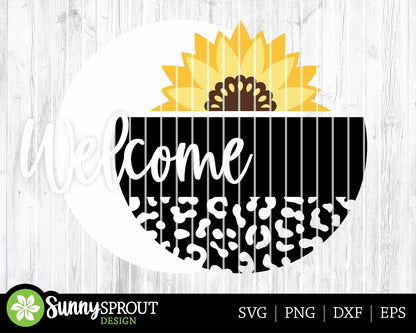 Welcome Leopard Sunflower Sign, Digital Download, SVG Laser Cut File, Cricut, Animal Summer Round Door Hanger Design