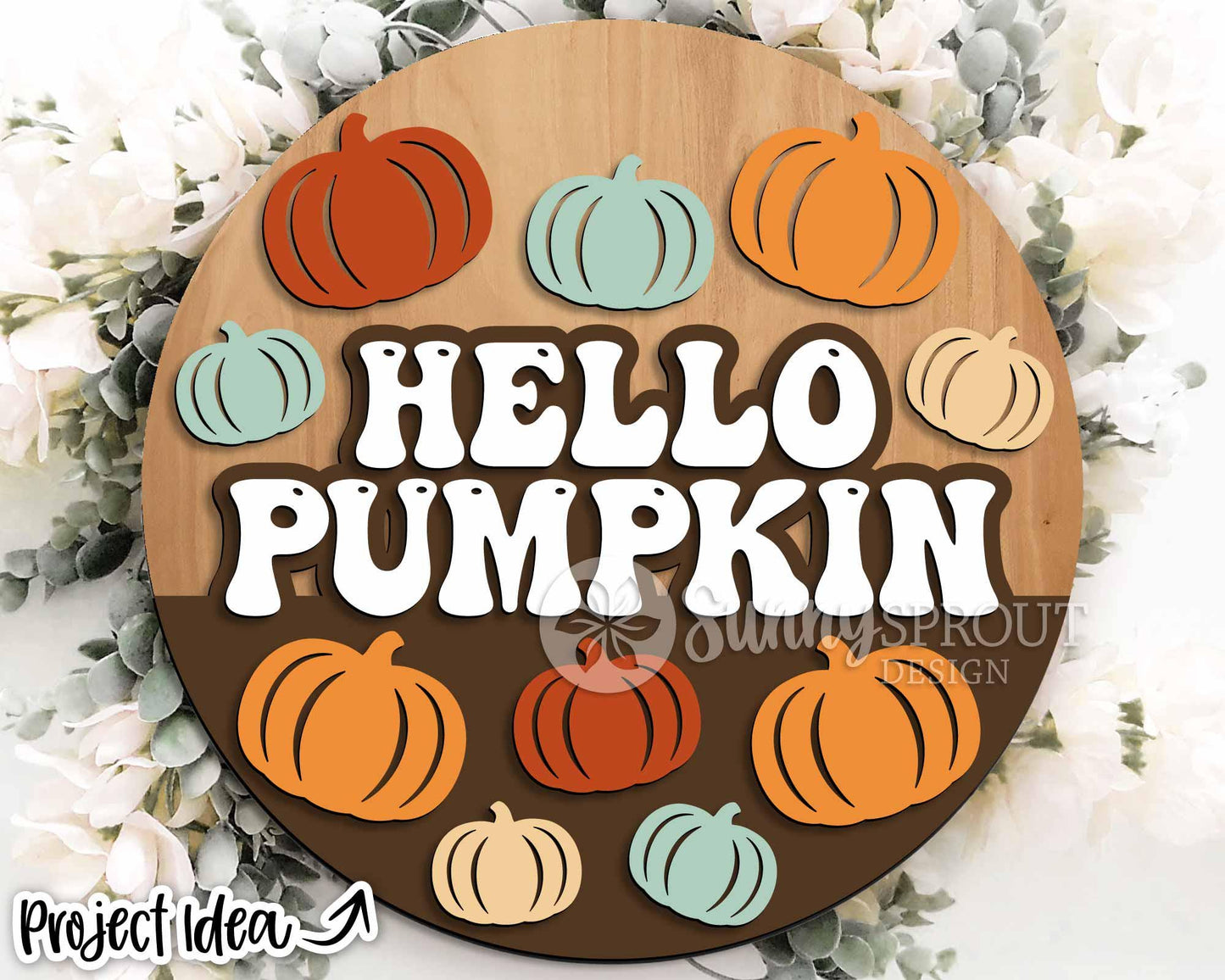 Hello Pumpkin Retro Sign, Digital Download, SVG Laser Cut File, Cricut, Round Fall Door Hanger Design