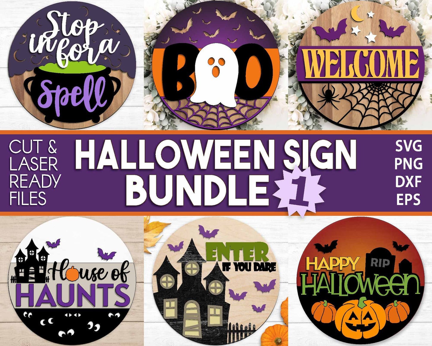 Halloween Laser Sign Bundle, Round door hanger, Glowforge laser file, Cricut cut file, Silhouette, Fall welcome sign svg