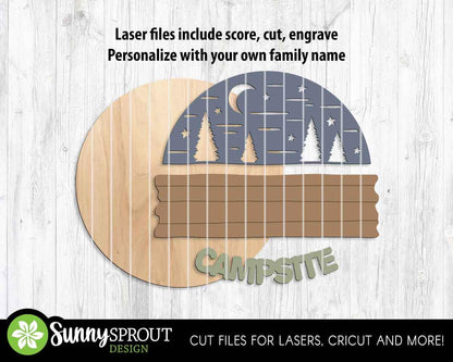 Personalizable Campsite Sign, Digital download, SVG Laser cut file, Cricut, Round door hanger design, Family name camping decor