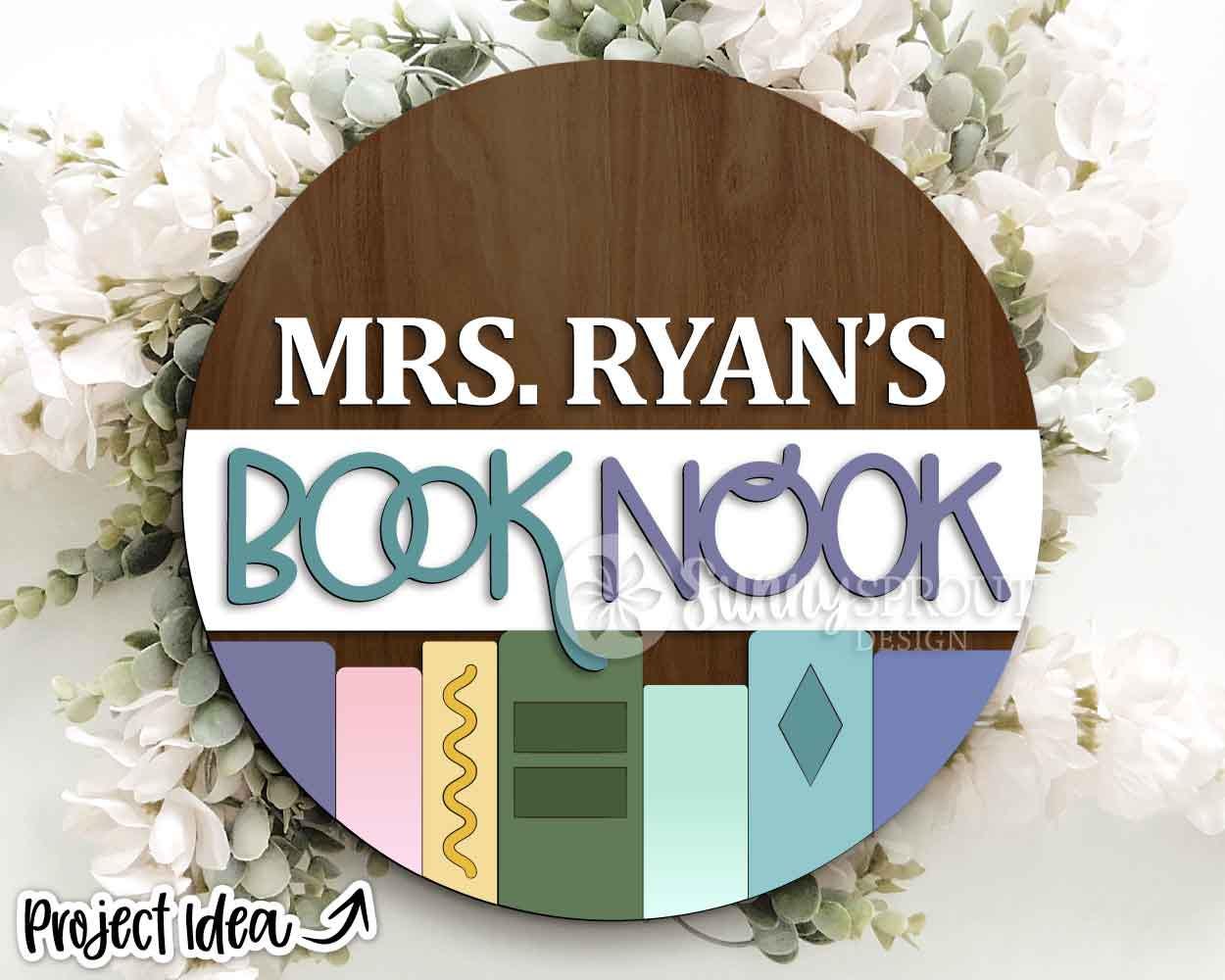 Book Nook Name Sign, Digital download, SVG Laser cut file, Cricut, Round door hanger design, Personalize school decor