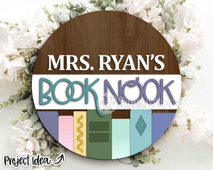 Book Nook Name Sign, Digital download, SVG Laser cut file, Cricut, Round door hanger design, Personalize school decor