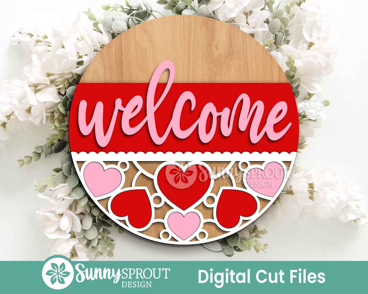 Welcome Heart Pattern Sign, Digital Download, SVG Laser Cut File, Cricut, Round Door Hanger Design, Valentine's Day Decor