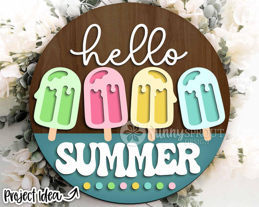 Hello Summer Popsicle Drip Sign, Digital Download, SVG Laser Cut File, Cricut, Round Door Hanger Design