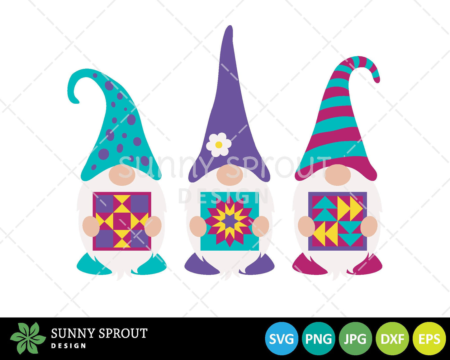 Three Gnomes Holding Patchwork Quilt SVG, Digital download, Cricut cut file, Silhouette, Sewing quilting embroidery design