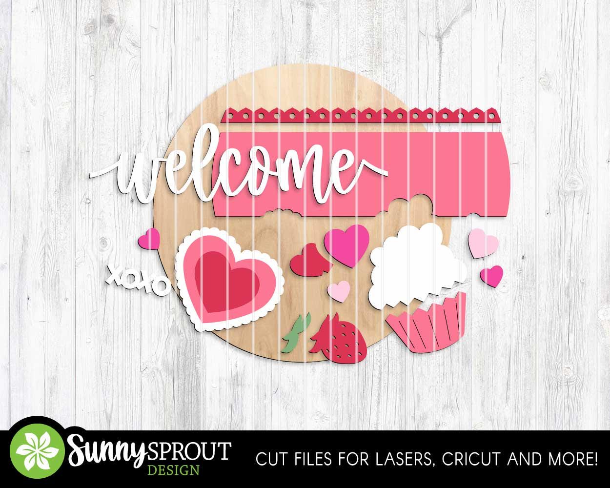 Welcome Valentine Things Heart Cupcake Sign, Digital Download, SVG Laser Cut File, Cricut, Round Door Hanger Design, Valentine's Day Decor