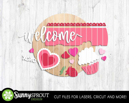 Welcome Valentine Things Heart Cupcake Sign, Digital Download, SVG Laser Cut File, Cricut, Round Door Hanger Design, Valentine's Day Decor
