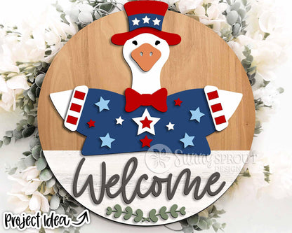 Goose Welcome 4th of July Sign, Digital Download, SVG Laser Cut File, Cricut, Round Door Hanger Design, Patriotic 4th of July Decor