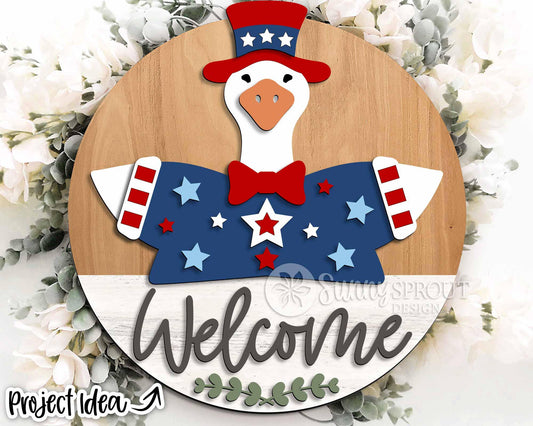 Goose Welcome 4th of July Sign, Digital Download, SVG Laser Cut File, Cricut, Round Door Hanger Design, Patriotic 4th of July Decor