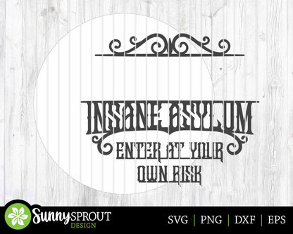 Family Name Insane Asylum Sign, Digital Download, SVG Laser Cut File, Cricut, Personalizeable Round Halloween Door Hanger Design