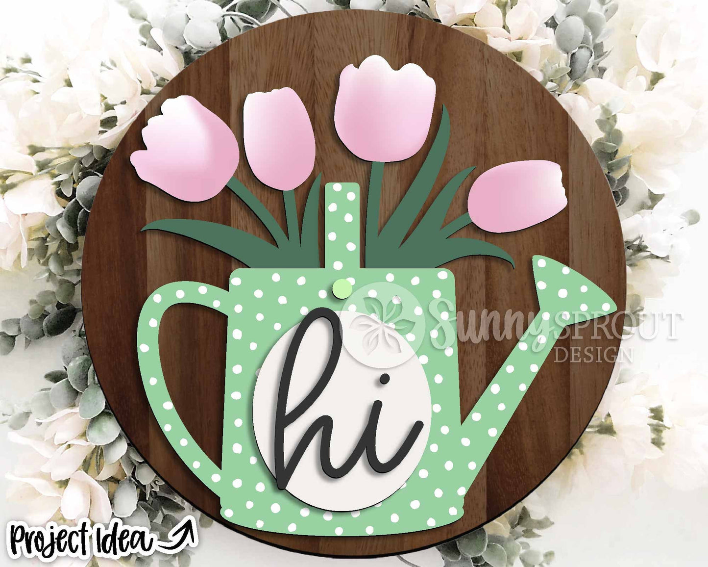Hi Watering Can Tulip Sign, Digital download, SVG Laser cut file, Cricut, Round door hanger design, Spring Easter decor