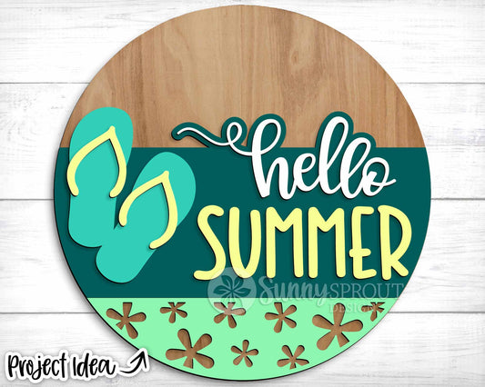 Hello Summer Flip Flop Sign, Digital Download, SVG Laser Cut File, Cricut, Beach Round Door Hanger Design