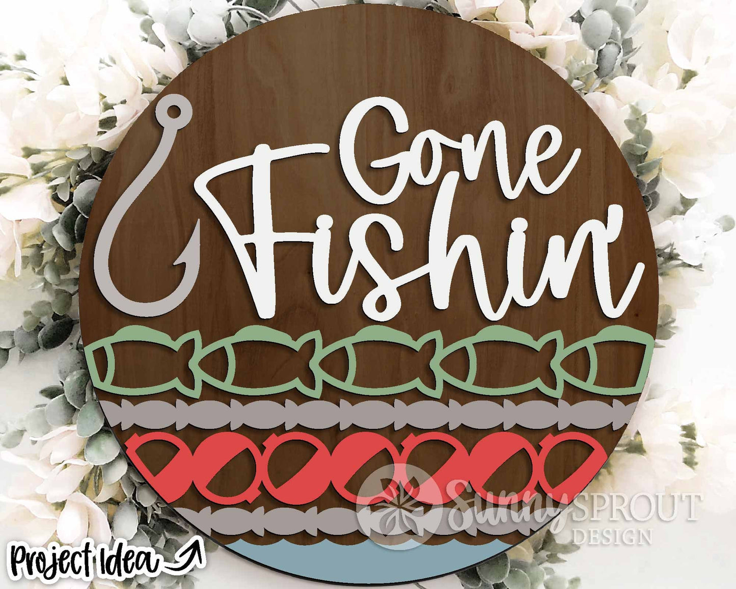 Gone Fishin' Hook Sign, Digital download, SVG Laser cut file, Cricut, Round door hanger design, Lake house cabin decor, Fishing SVG