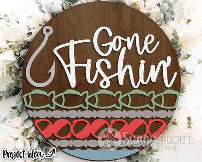 Gone Fishin' Hook Sign, Digital download, SVG Laser cut file, Cricut, Round door hanger design, Lake house cabin decor, Fishing SVG