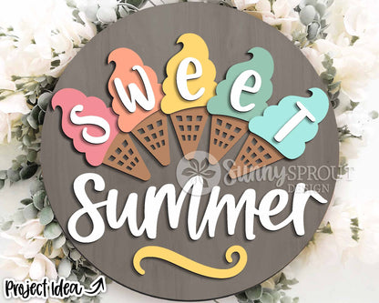 Sweet Summer Ice Cream Cone Sign, Digital Download, SVG Laser Cut File, Cricut, Round Door Hanger Design