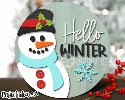 Hello Winter Snowman, Winter round door hanger svg, Christmas sign, Glowforge laser cut file, Cricut, Silhouette, Holiday