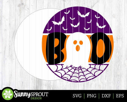 Boo Ghost Sign, Digital Download, SVG Laser Cut File, Cricut, Round Halloween Door Hanger Design