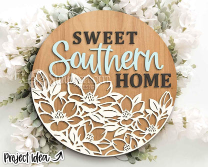 Sweet Southern Home Magnolia Flower Sign, Digital Download, SVG Laser Cut File, Cricut, Spring Summer Round Door Hanger Design