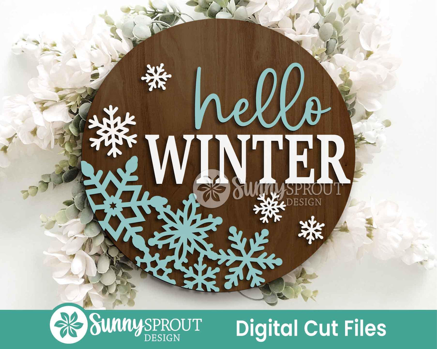 Hello Winter Snowflakes Sign, Round door hanger svg, Glowforge laser file, Cricut, Winter door decor, Winter welcome sign