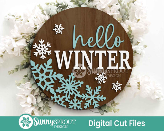 Hello Winter Snowflakes Sign, Round door hanger svg, Glowforge laser file, Cricut, Winter door decor, Winter welcome sign