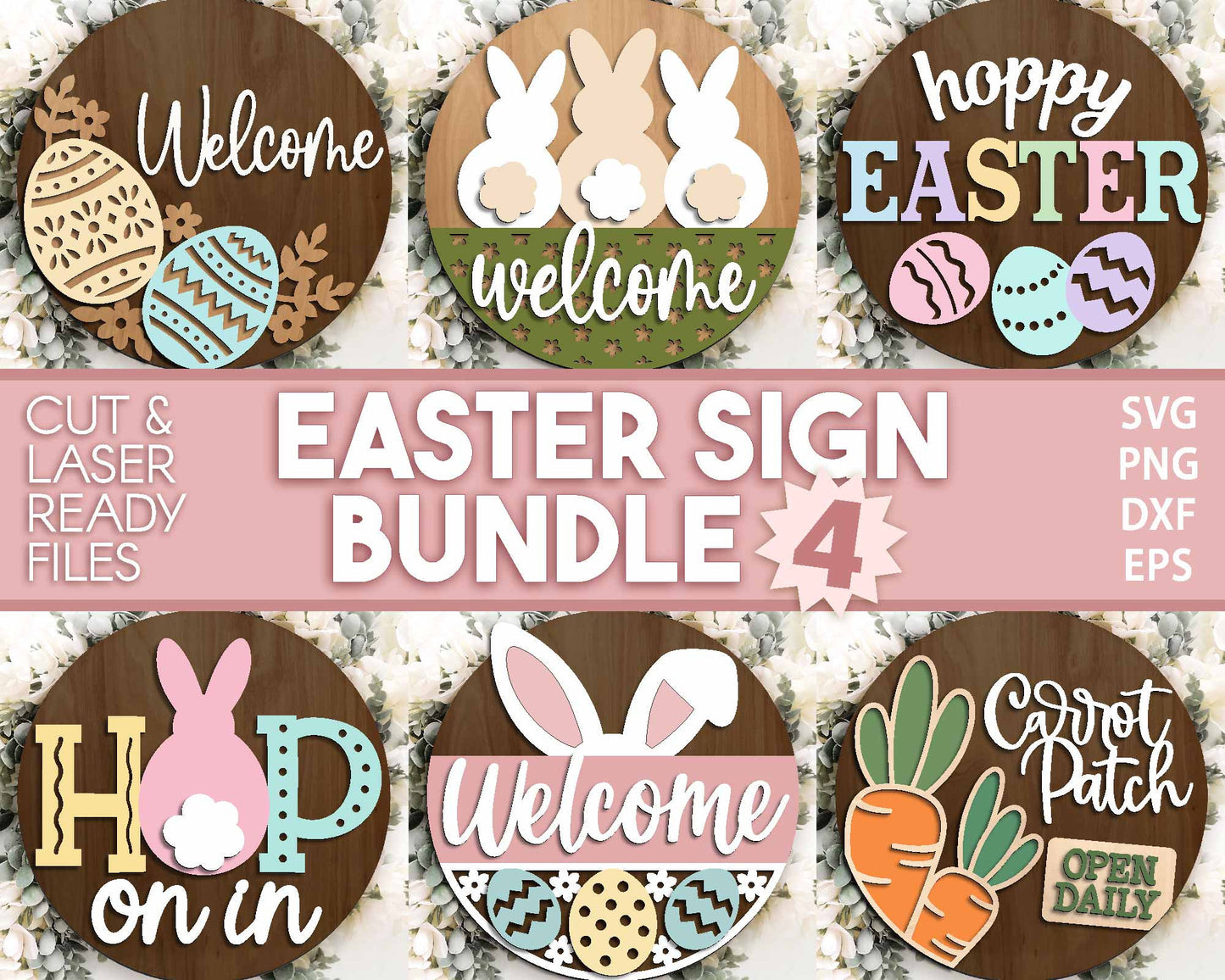 Easter Sign Bundle 4, Round door hanger svg, Glowforge laser file, Cricut, Spring welcome sign svg, Easter bunny egg svg