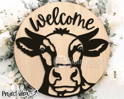 Welcome Cow Face Sign, Digital download, SVG Laser cut file, Cricut, Round door hanger design, Farmhouse animal decor