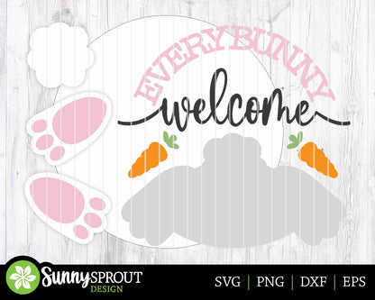 Everybunny Welcome Sign, Digital download, SVG Laser cut file, Cricut, Round door hanger design, Spring Easter decor